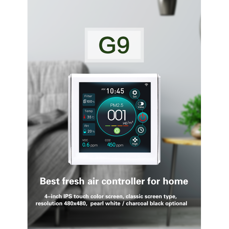 Intelligent Fresh Air Controller with 4 Inch LCD Color Touch Screen for Automatic Air Exchange Based on CO2 PM2.5 VOC Levels WiFi Remote Control