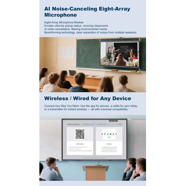 65 Inch B type AI Empowered Smart Interactive Whiteboard with Android 14 and 48MP Camera for Education and Conference
