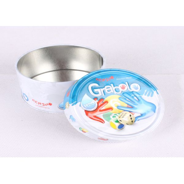 Embossed Small Flat Round Tin Containers Lids Attached For Games Cards And Dices
