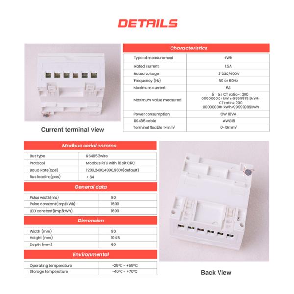 CT connected 3 phase kwh electrical modbus energy meter with customized rated current