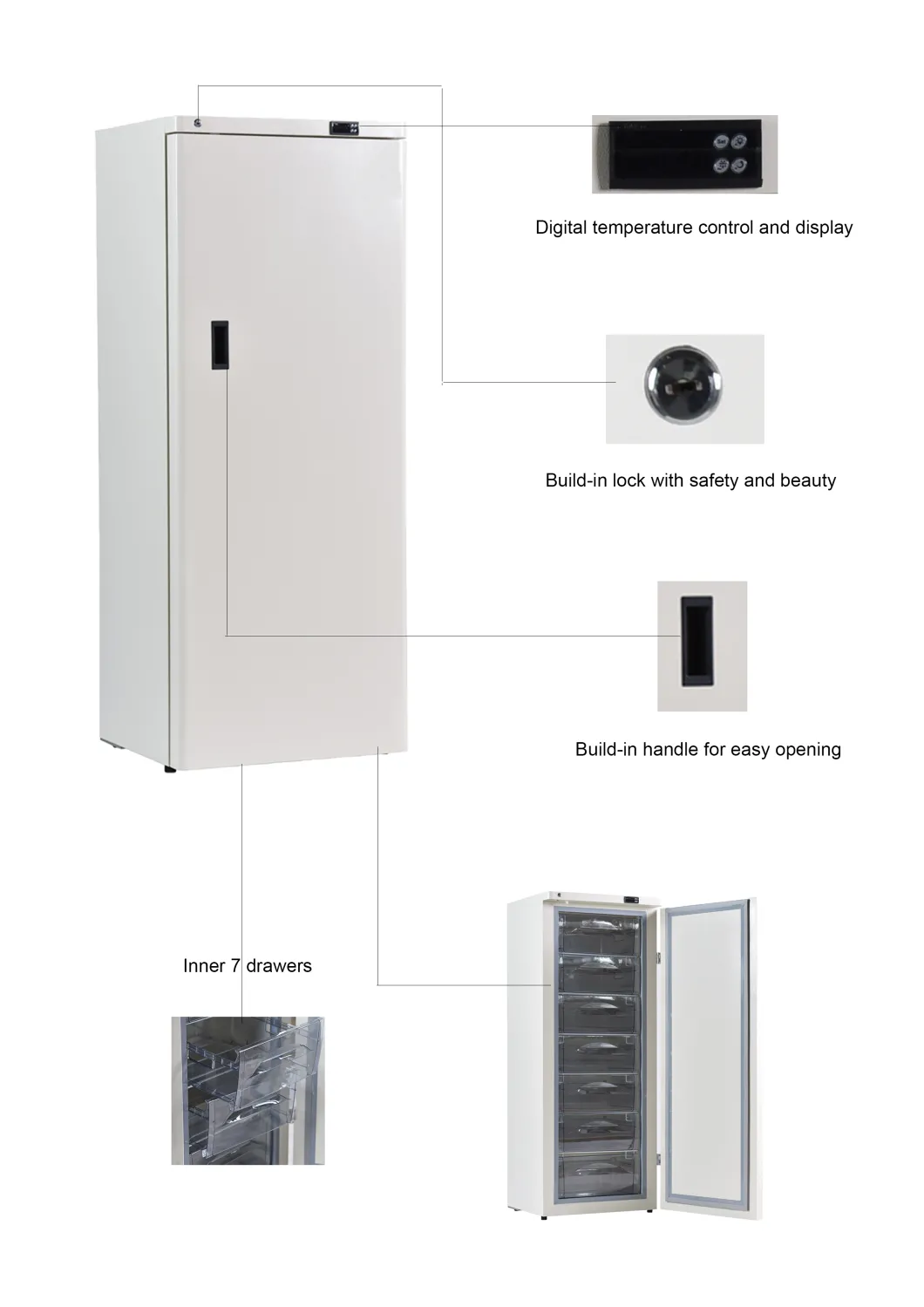 Energy Saving -40 Degrees 278L spayed steel Upright Medical Deep Freezer with ABS drawers
