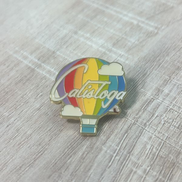 Calistoga Hot Air Balloon Enamel Pin, California Travel Souvenir Lapel Pin, Rainbow Sky Collectible Badge