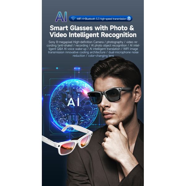 W610 IP54 Waterproof AI Translation Smart Glasses Voice App Control Music Player Blue-Light Photochromic Lenses Sun Protection