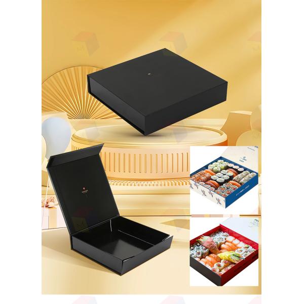 Custom Disposable Black Design Paper Foldable Magnetic Sushi Take Out Box Food Packaging