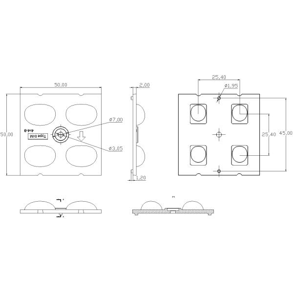 Technical drawing of 3030x4 LED light lens dimensions and specifications