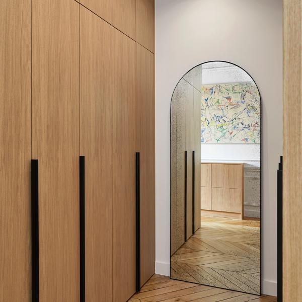 Modern I Shaped Swing Door Wardrobe Wood Texture Timber Veneer With Led Light Luxury Bedroom Closet