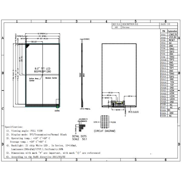 Customized 8 Inch LCD Display 30pin MIPI Interface For Vital Signs Monitors