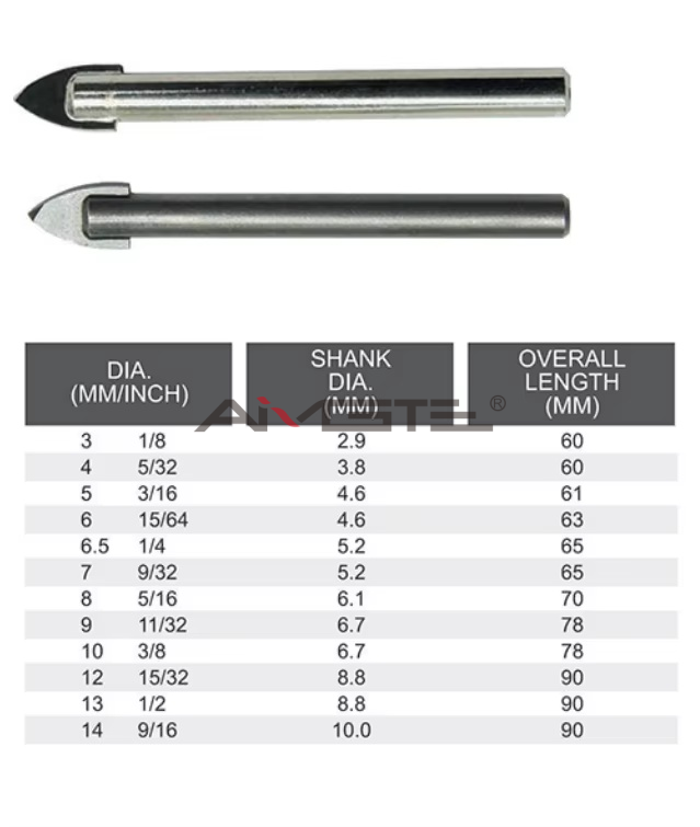 Straight Hex Shank 3mm 6mm Single Cross Carbide Tip Marble Ceramic Glass Tiles Drill Bit for Glass Ceramic Tile Marble