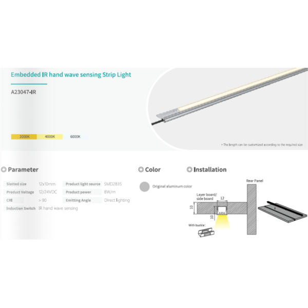 RA90+ Smart IR Hand Wave Embedded LED Lights with Custom Length 12/24V Cabinet Lighting