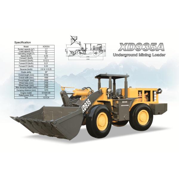 Underground wheel loader XD935 rated load 3.0ton with 1.9cbm bucket capacity