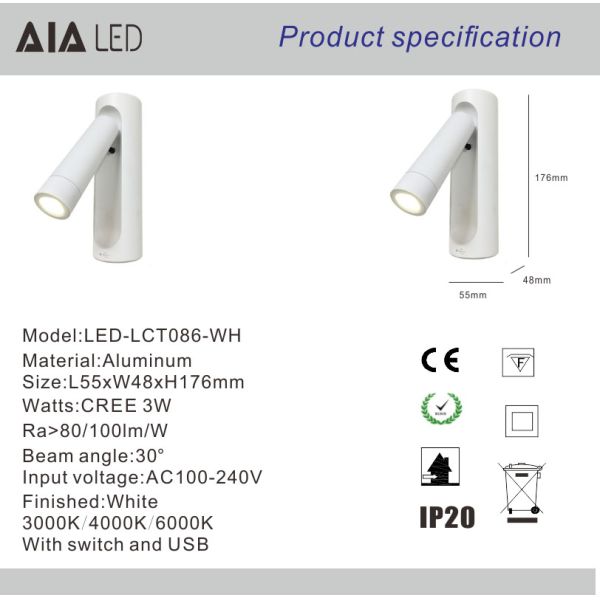 contemporary surface mounted bedside reading lamp/usb reading wall light/led bedside lamp headboard