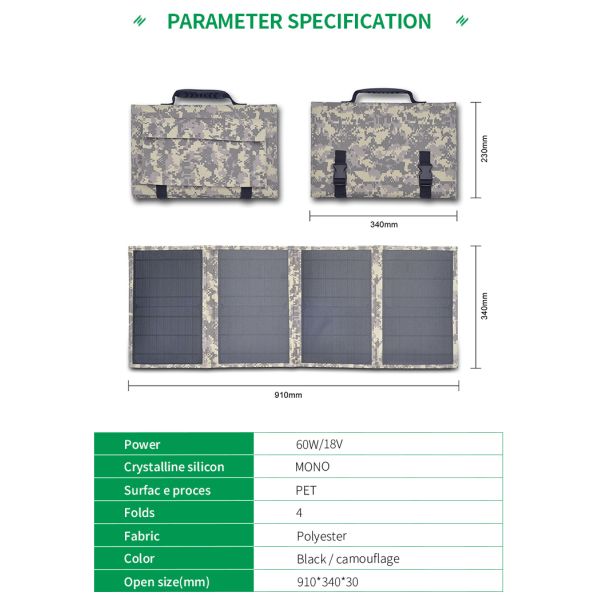60W 18V Foldable Solar Panel Portable Folding Outdoor Camping Monocrystalline Silicon