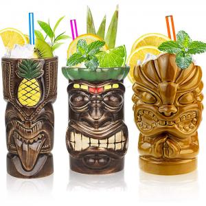 Tiki Mugs Set of 3 Ceramic Hawaiian Party Mugs Drinkware, Tiki Bar Mugs for Cocktails