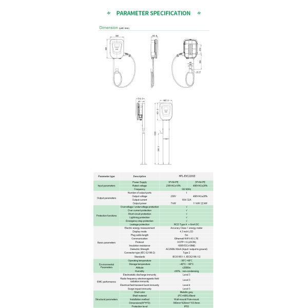 CE TUV Type 2 32A Wall Mounted Ac Charging EV 22kw 300*154*420mm