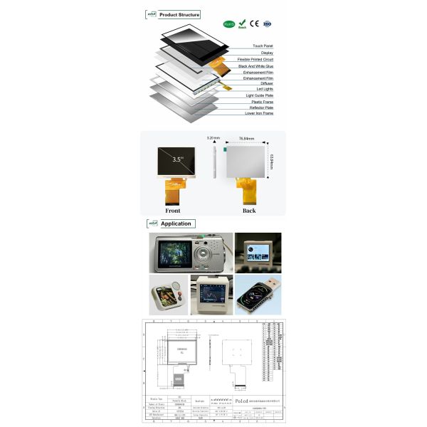 Polcd 3.5 inch 320x240 Full Color TFT Display ST7272A drive ic IPS View Angle 54pin LCD Display
