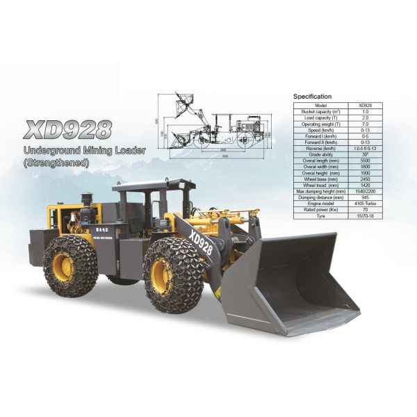 Underground wheel loader XD928 rated load 2.0ton with 1cbm bucket capacity