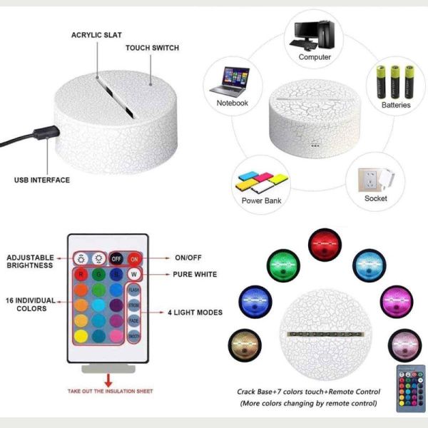 7 Or 16 Colors 3D LED Night Light 3W CE 3D Acrylic Night Light With Cracked Base