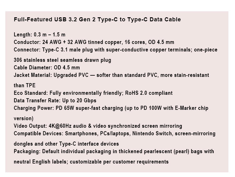 4K HD Video 60W PD Charging USB3.2 Gen2 Type C to Type C Data Cable for Phone Laptop