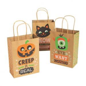 China Custom Print Brown Kraft Paper Halloween Party Candy Sweet Goodie Gift Bags With Logo on sale