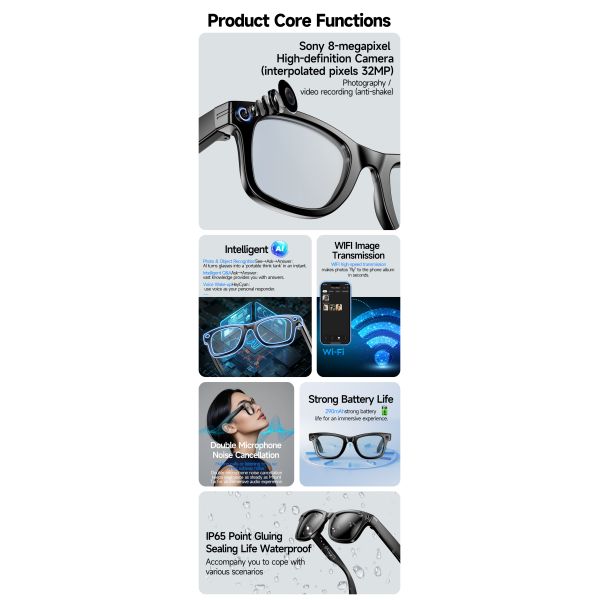 W610 IP54 Waterproof AI Translation Smart Glasses Voice App Control Music Player Blue-Light Photochromic Lenses Sun Protection