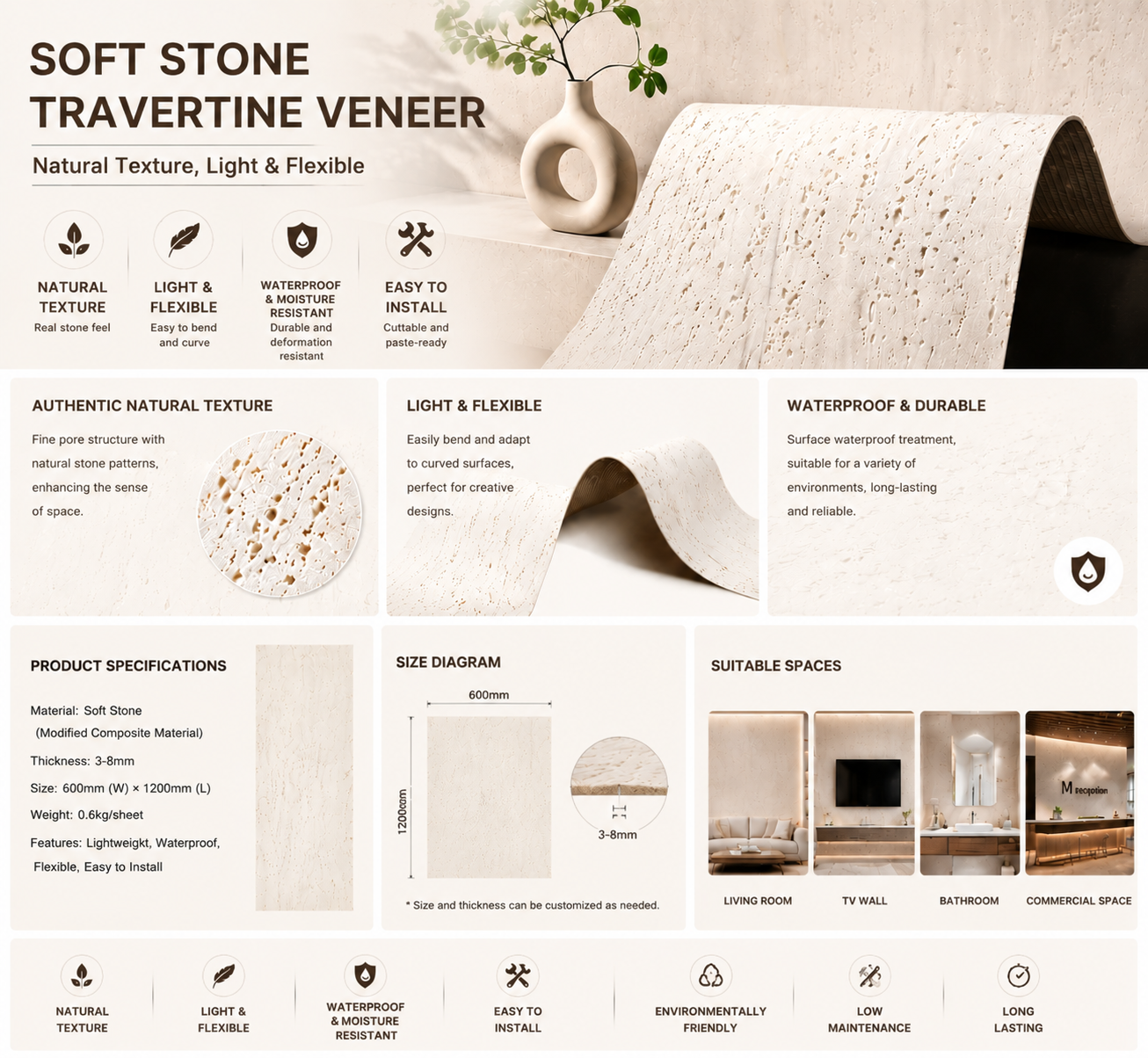 Soft Stone Flexible Travertine Wall Panel Lightweight Bendable Artificial Stone Veneer