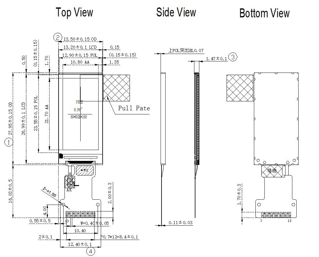Custom Design 0.96 Inch TFT IPS LCD Display 400cd/M2 Luminance For Industrial Applications