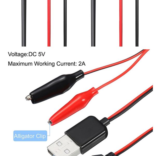 Male Female USB Connector to Dual Copper Crocodile Clamps Alligator Clips Test Leads Wire Adapter Cable for Electrical Circuit
