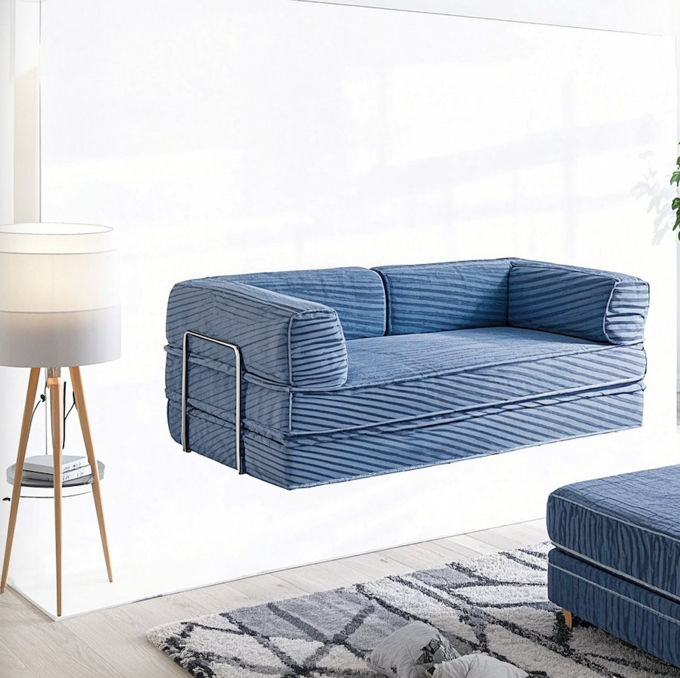 Blue Multi-Functional Fabric Sectional Sofa Set Comfortable Convertible Extendable Sponge Filled Foldout Bed for Living Room