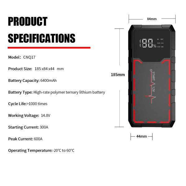 Outdoor 12V Multi Function Portable Car Jump Starter 6800mAh Battery Lithium Battery Booster SmartEmergency Car Jump Starter with Digital Control, LED