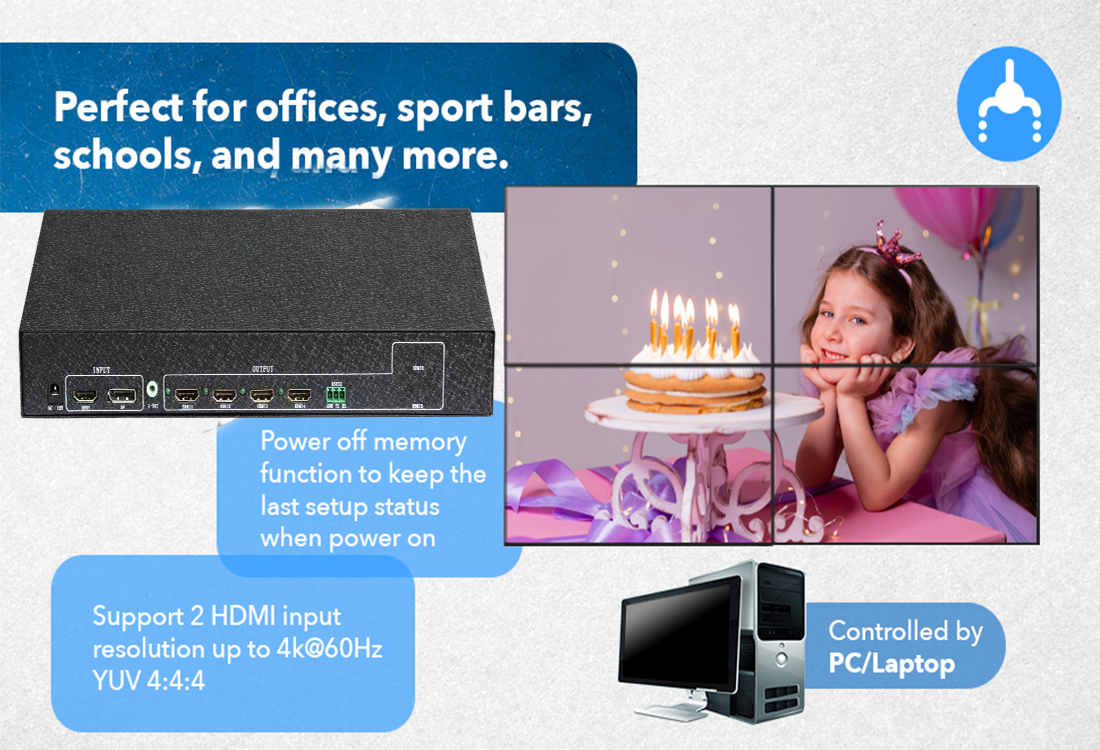 4K 30Hz 2x2 LCD Video Wall Controller Multi Monitor Splicing Processor