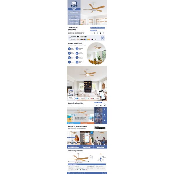 56-Inch Ceiling Fan with LED Light – DC Motor, 5 Blades, Acrylic Lampshade